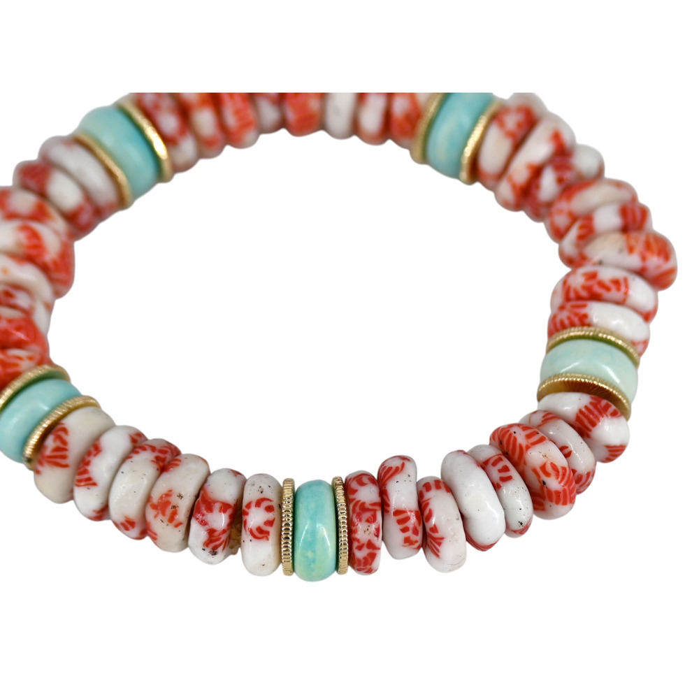 Akola Egypt Glass Bone Beaded Stretch Bracelet Red White Light Blue - Picture 5 of 6